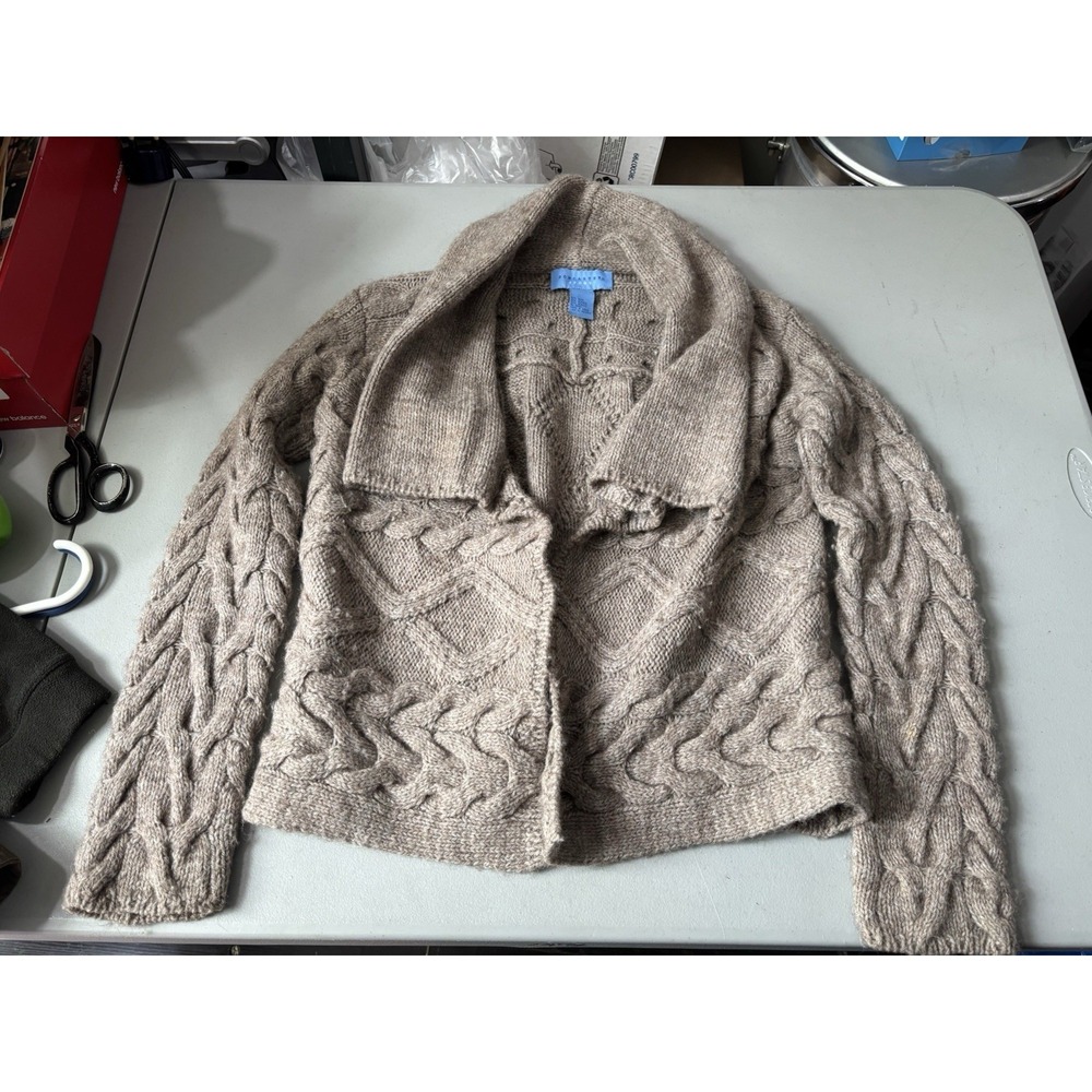 Doncaster Wool Alpaca Blend Tan Cable Knit Cardigan M